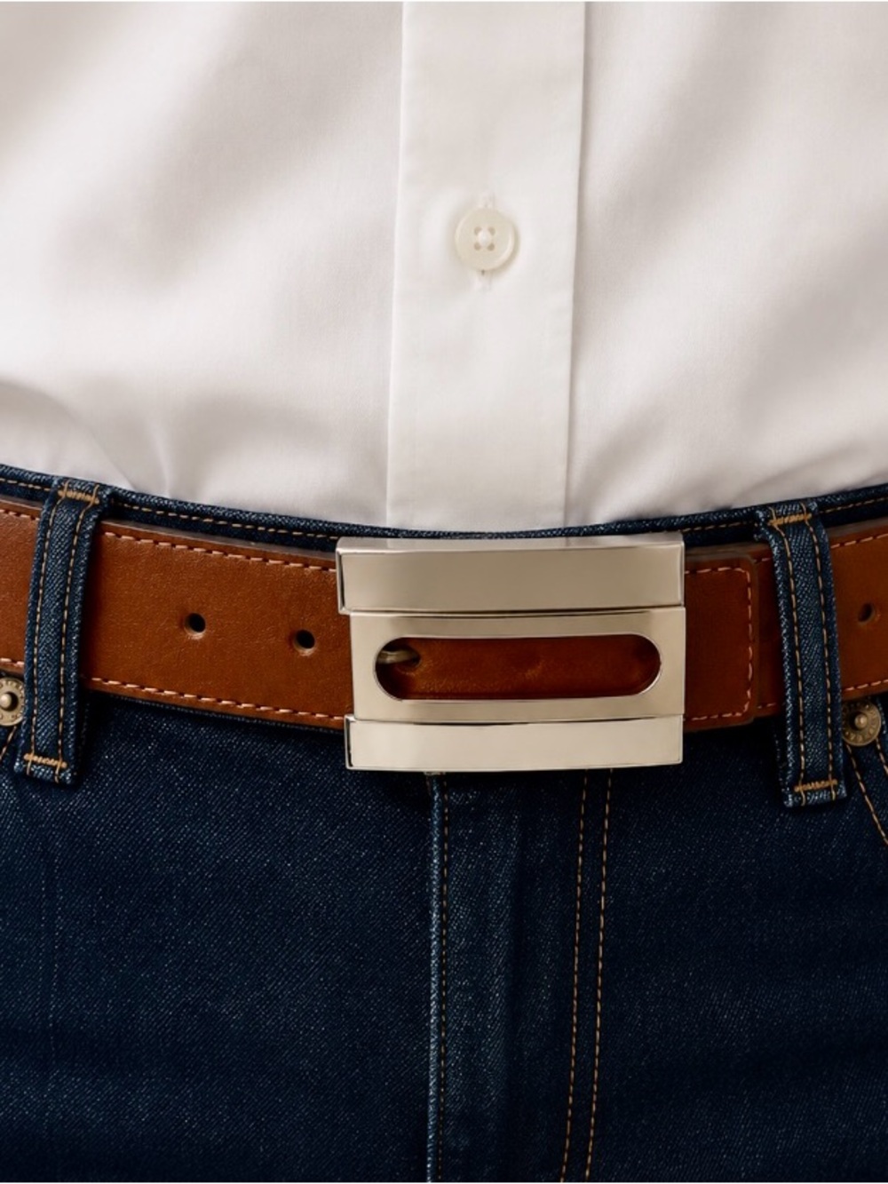 Women's Brown Leather Belt with Silver Rectangular Buckle